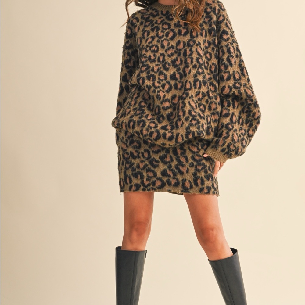 Animal Printed Oversized Sweater Top And Skirt Set